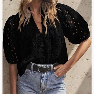 Pretty Garden Eyelet Short Lantern Puffy Sleeve  Blouse Black Size M & XL